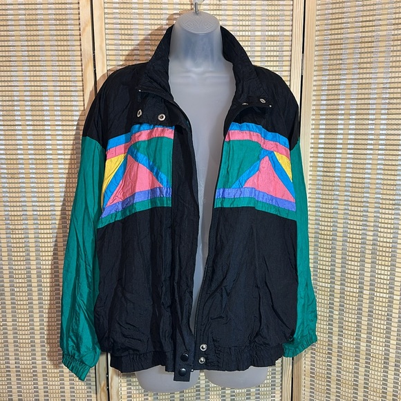 Ashley Hill Vintage 1990s Y2K Black Green Colorblock Zip Front Windbreaker Large - Picture 3 of 16